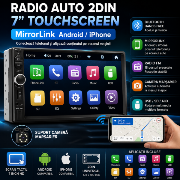 Radio Auto 2DIN 7” cu Ecran Tactil, Bluetooth, MirrorLink, USB și Cameră Marșarier – MP5 Multimedia